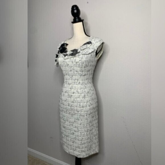 Kay Unger Tweed Sleeveless Floral Appliqué and Ruffle Neckline Sheath Dress - Picture 5 of 16